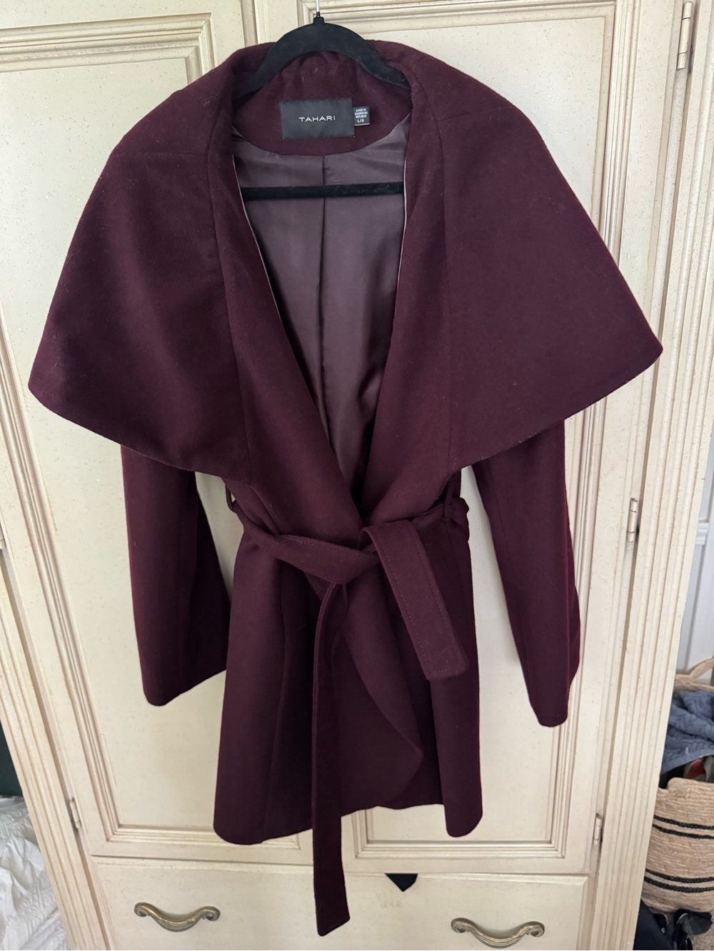 Tahari Women's Burgundy Wrap Coat with Shawl Collar
